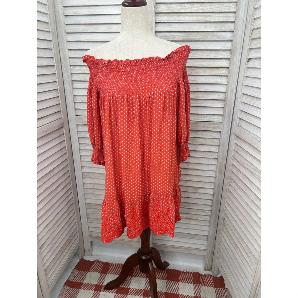 Tory Burch Off the Shoulder Dress Size XS Orange Polka Dot Shirred Ruched Ruffle